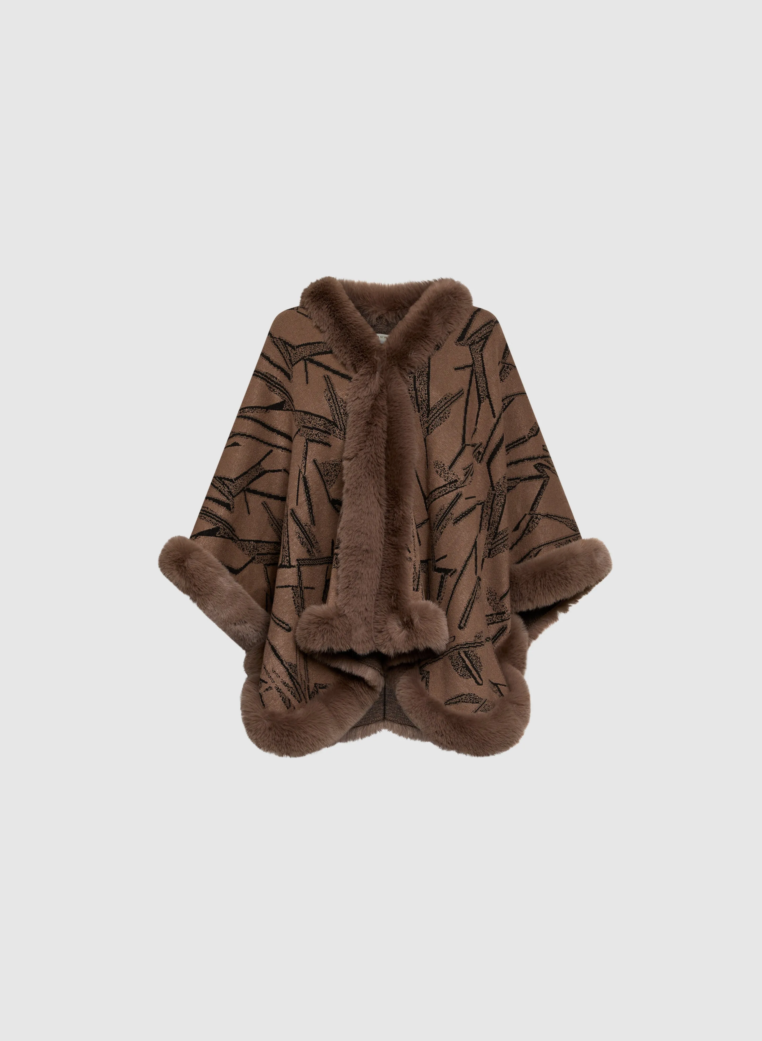 Abstract Faux Fur Trim Poncho