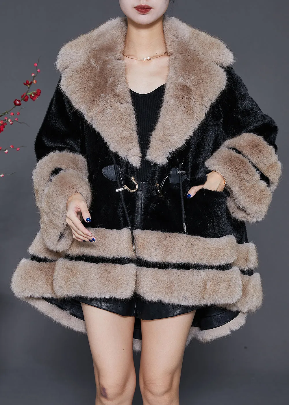Bohemian Black Fur Collar Oversized Fuzzy Fur Fluffy Coat Winter ML1826