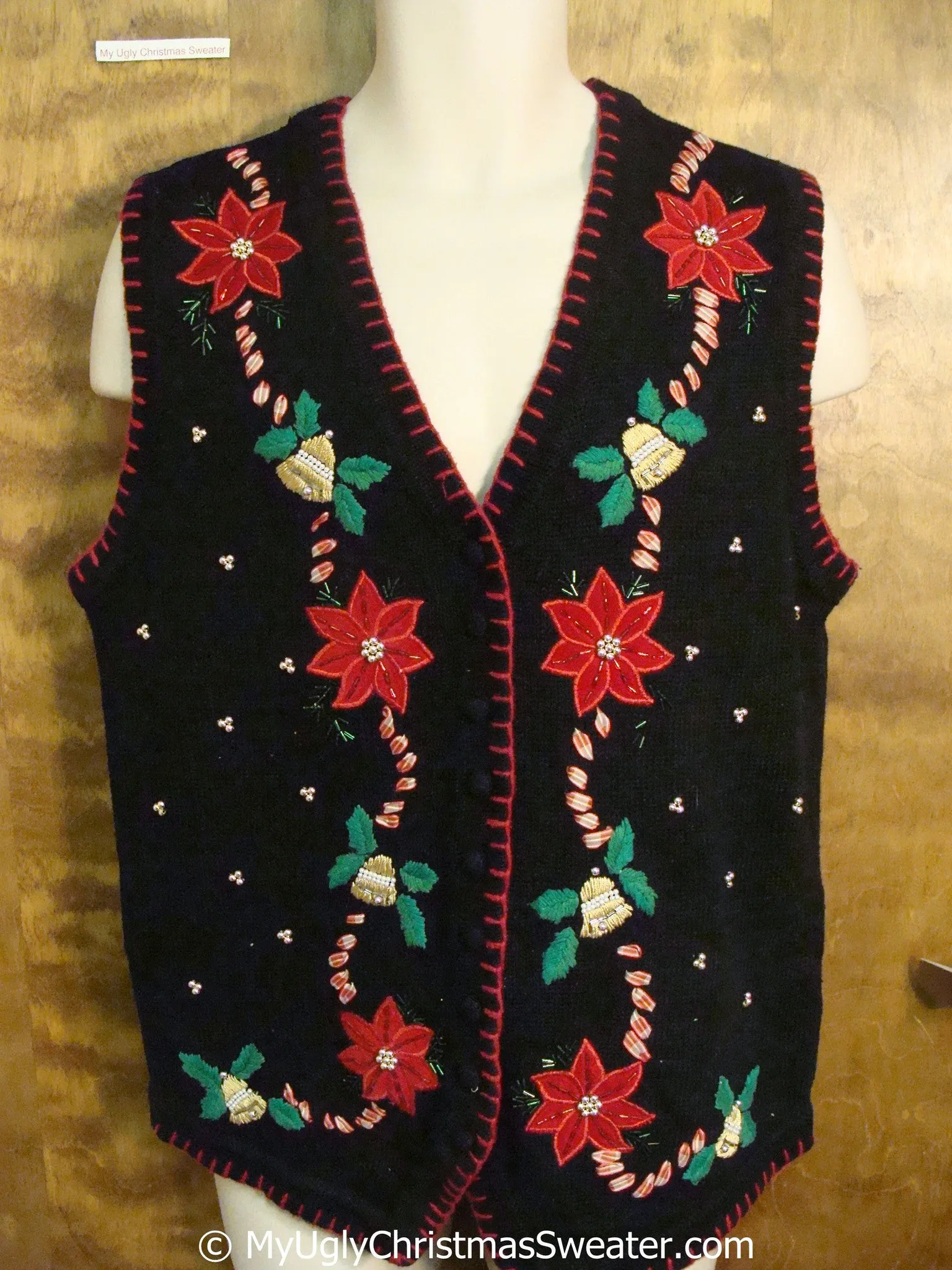 Cheap Black and Red Poinsettias Christmas Sweater Vest