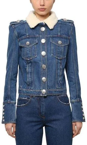 Denim Cotton Jacket with Faux Fur Collar