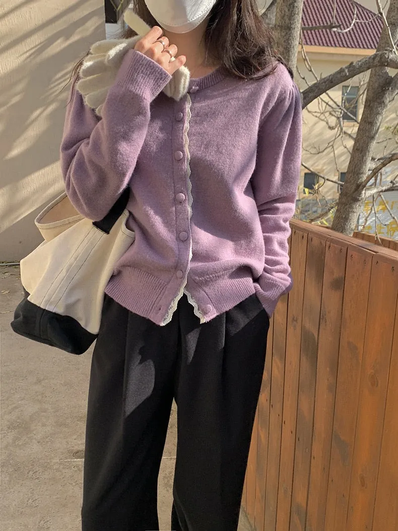 [Korean Style] 3 Color Lace Trimmed Puff Sleeve Round Neck Cardigan