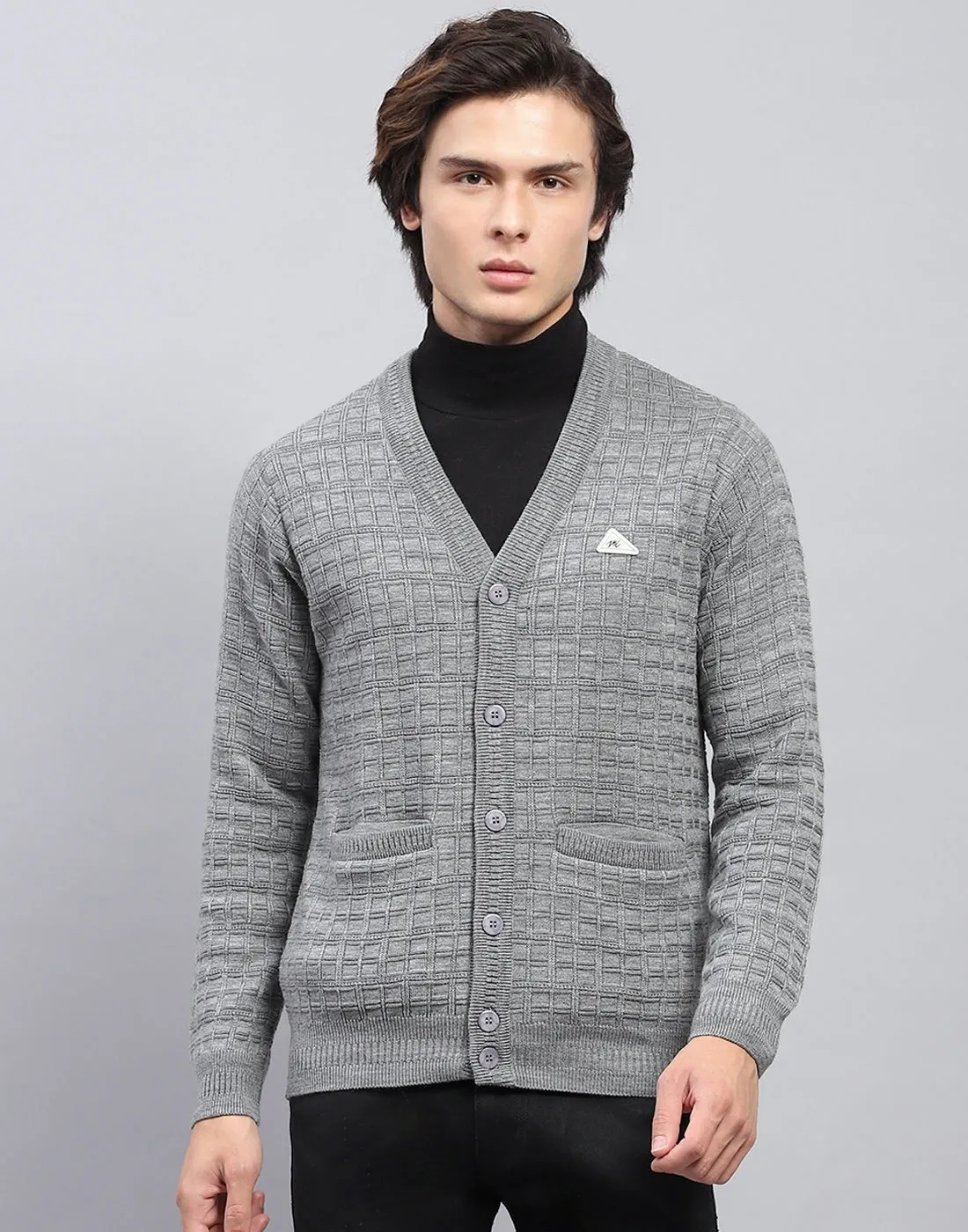 Men Grey Self Design V Neck Full Sleeve Cardigan