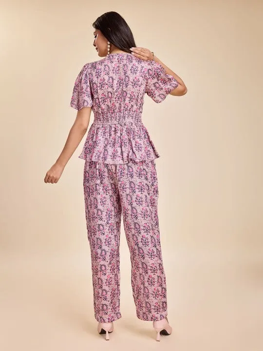 printed crossover neckline with flared sleeves & smocking at the waist top with straight pants  set in modal satin - Pink