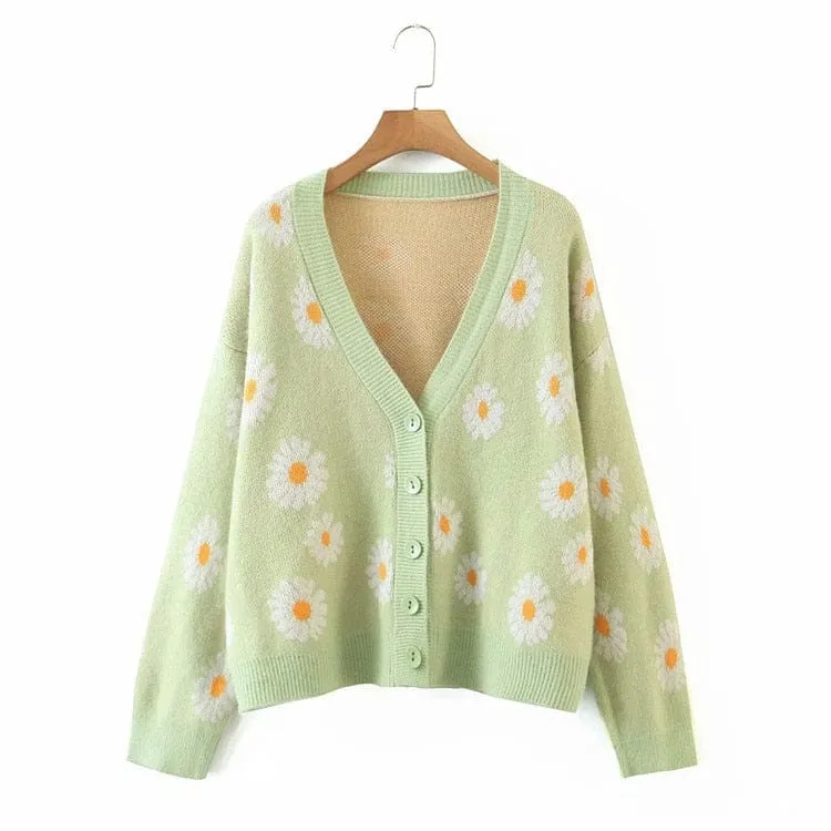 Retro Daisy Print Knitted Cardigan