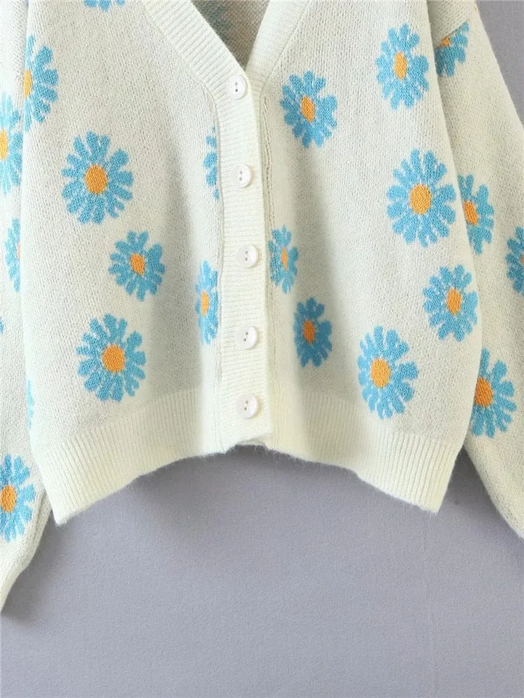Retro Daisy Print Knitted Cardigan