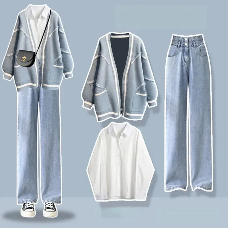 Striped Embroidery Cardigan Sweater Shirt Denim Pants Three Piece Set