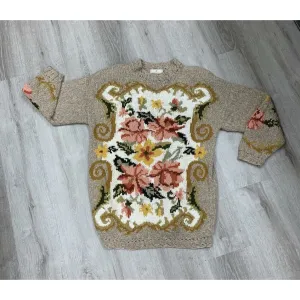 Vintage Floral Hand knit sweater with cable ribbing. "Antique Flowers"  Size M